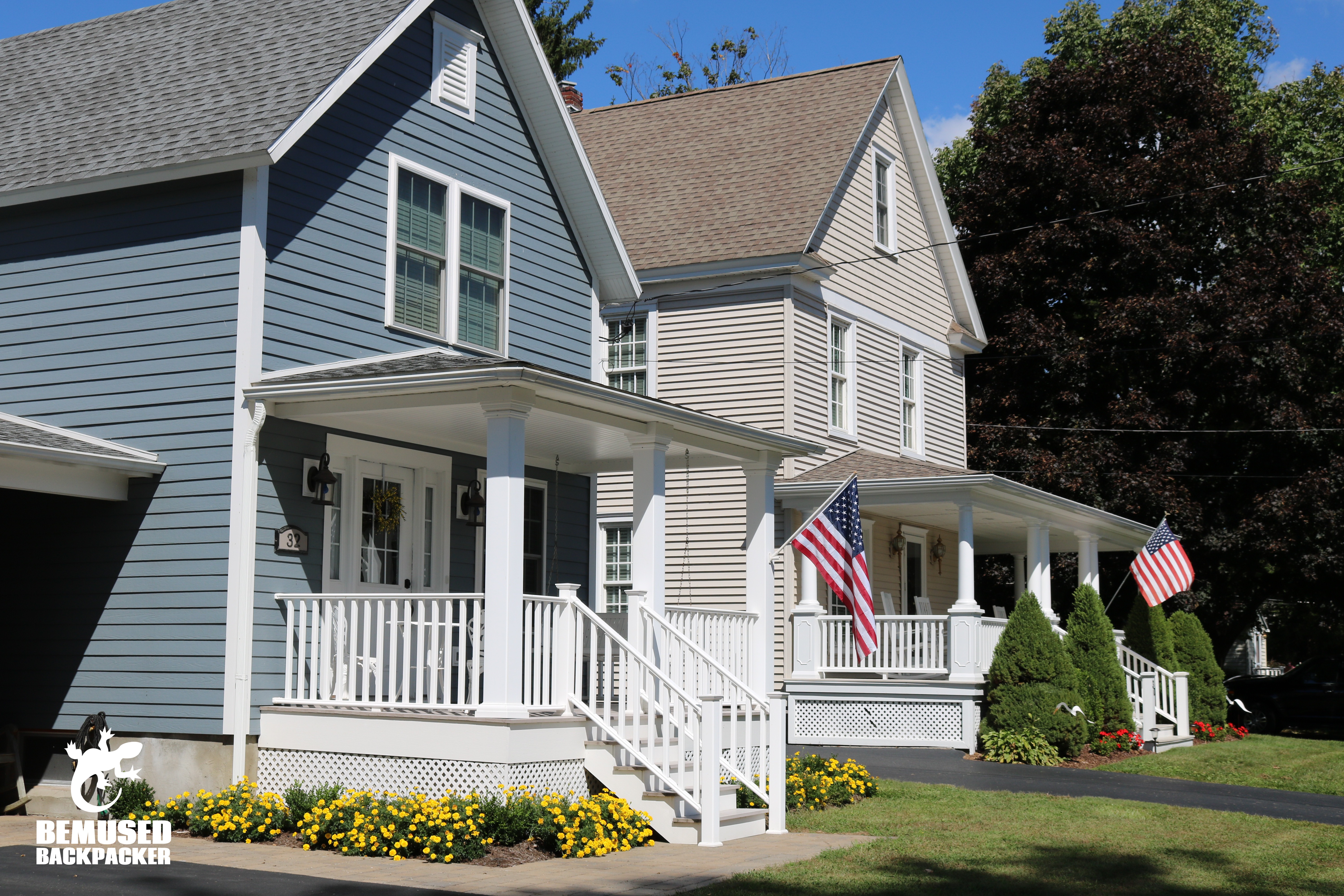 American flags on houses at Finger Lakes New York